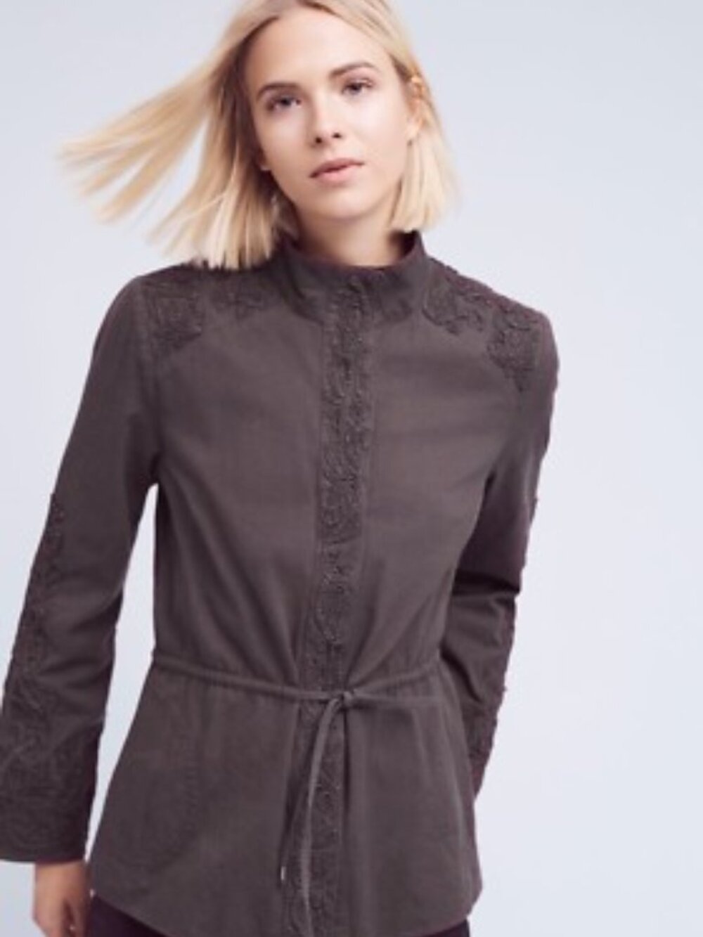 Anthropologie Love Sam Travis Gray Beaded Embroidered Boho Cargo Jacket Size S